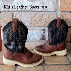 KID'S LEATHER COWBOY BOOTS, 11.5 11 1/2, OLD WEST BROWN & BLACK, LIGHT SOLES